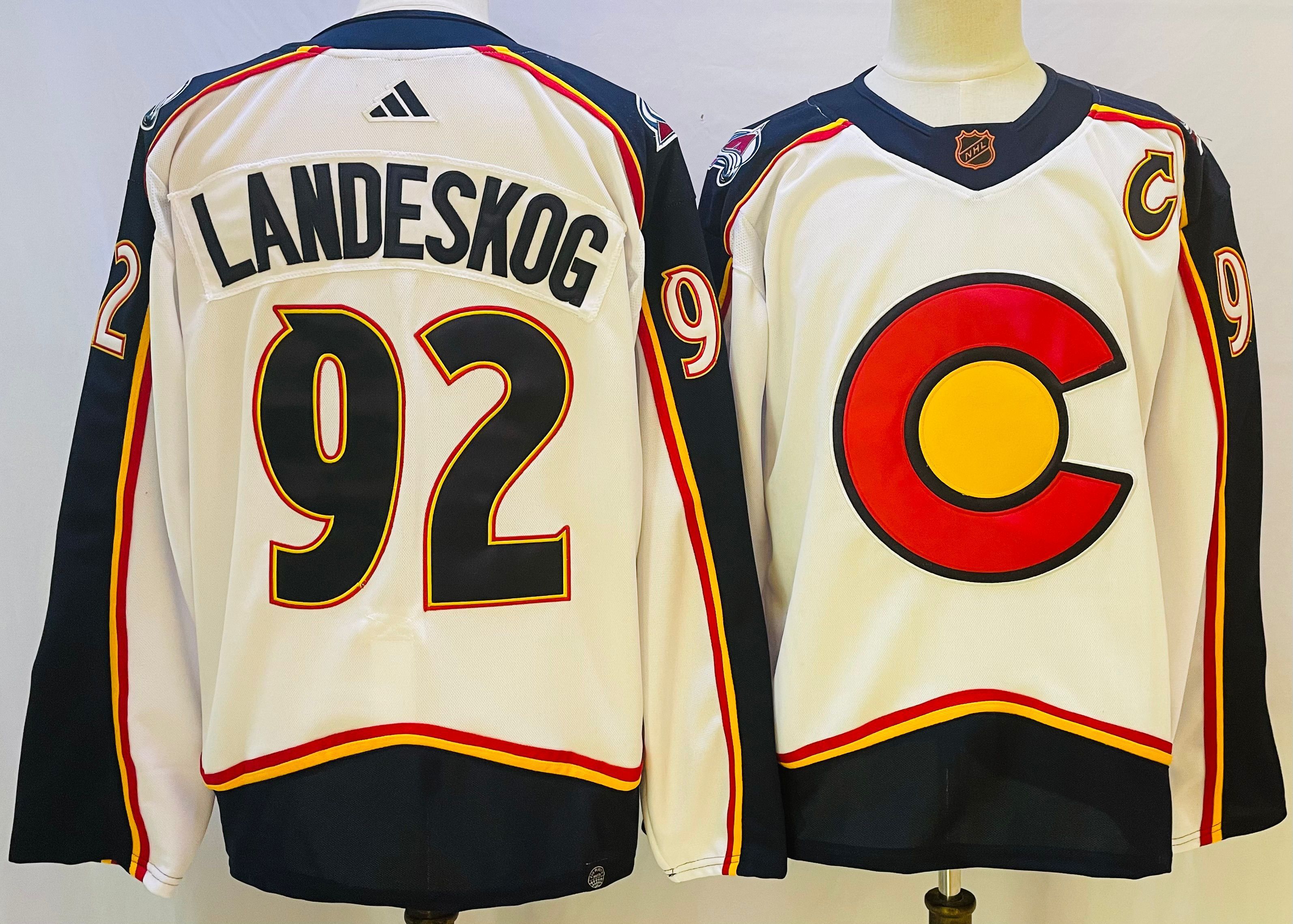 Men Colorado Avalanche 92 Landeskog Cream Throwback 2022 Adidas NHL Jersey